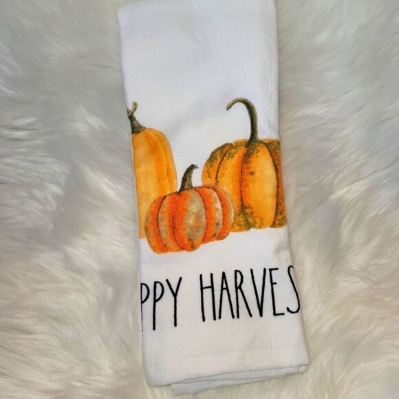 Rae Dunn Happy Harvest Kitchen towels set of 2 orange pumpkins 16in x 26in - Picture 5 of 11